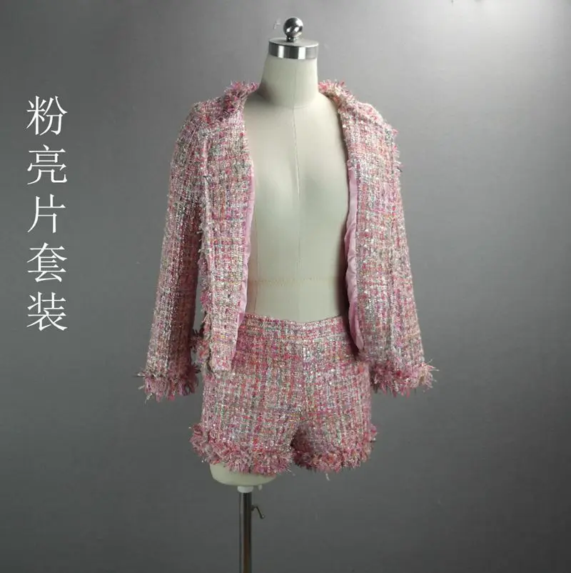 Розовая твидовая куртка+ шорты, костюм с блестками, весенне-осенние женские куртки, тонкий шерстяной костюм из 2 предметов, Женское пальто