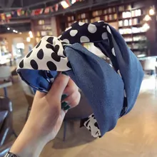 Korea Color Matching Denim fabric Polka Dot Hair Accessories For Girls Top Knot Cross Hair Band Hair Bow Headbands For Women knot side polka dot peplum top