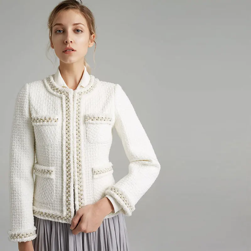

2019 Spring Autumn Women Elegant Pearls Beading Short Tweed Coats Ladies O-neck Pockets White Jackets Coat Y100