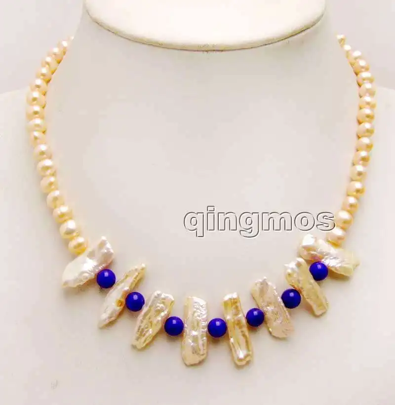 

6-7mm Pink round Natural pearl and 15-25mm Biwa Pearl & 6mm Blue beads 17'' Necklace-nec6170