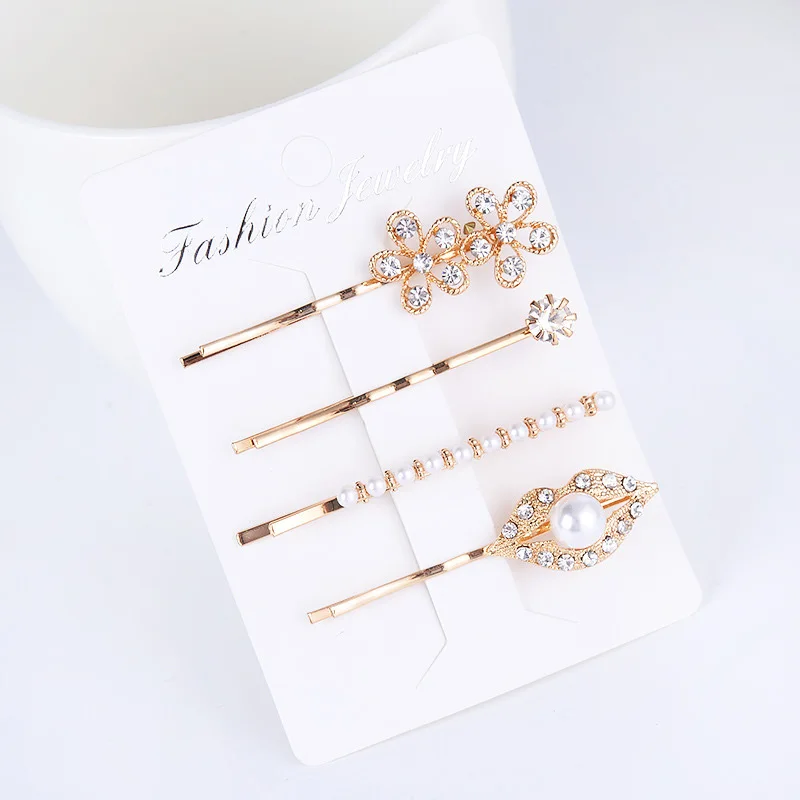 

4pcs Fashion Hair Accessories Leaf Flower Lips Metal Hairpin Rhinestone Hair Barrette Pearl Beaded Owl Hair Clips For Women Girl