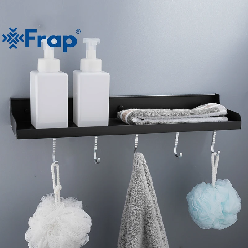 FRAP Wall Mounted Kitchen Rack Storage Rack with Five Hooks Space Aluminum Black Shelves estantes esquineros para cocina FRAP Wall Mounted Kitchen Rack Storage Rack with Five Hooks Space Aluminum Black Shelves estantes esquineros para cocina