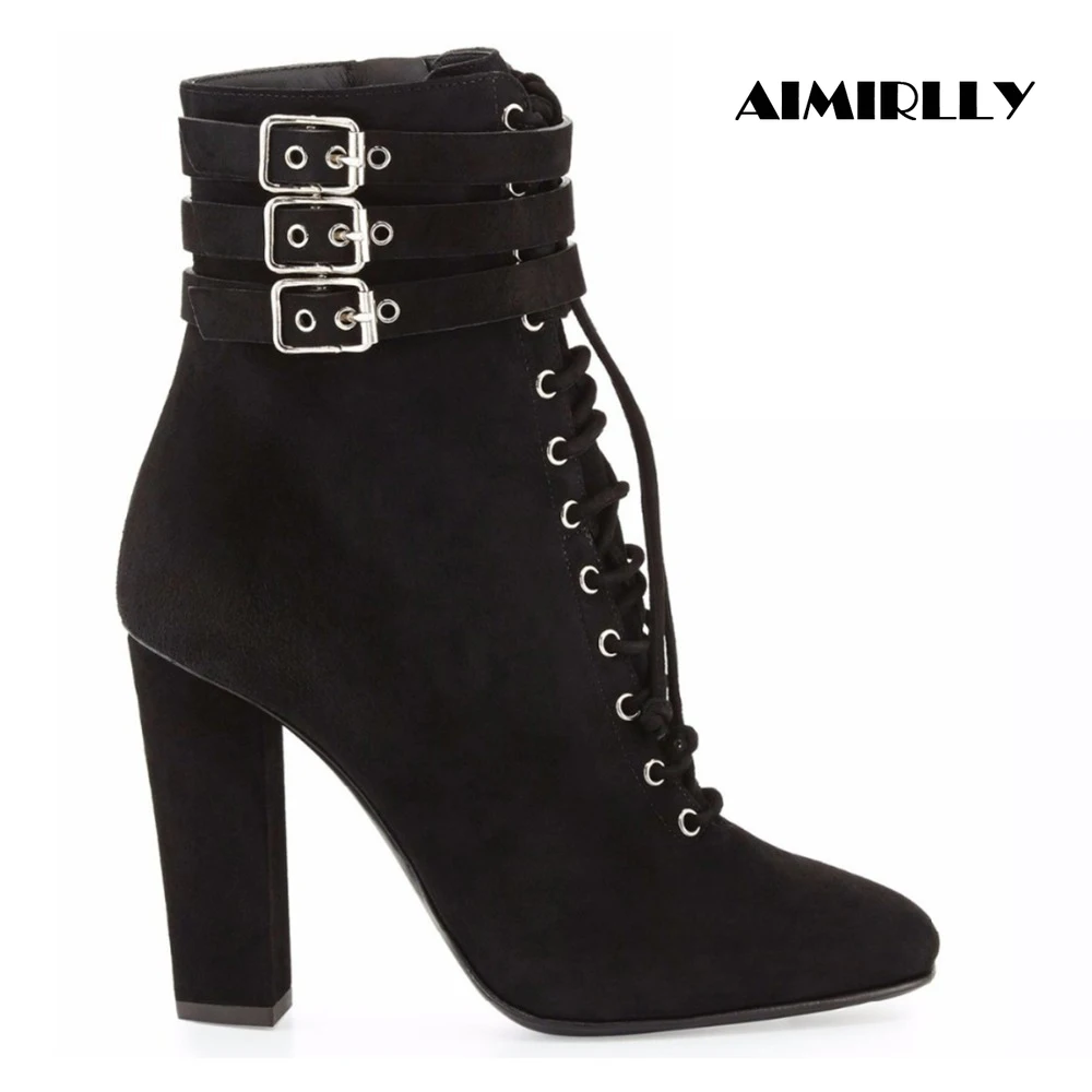 Black Fashion Pointed Toe Lace-up Ankle Height Womens Flats Faux Suede Shoes