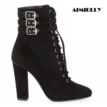 

Aimirlly Women Round Toe Square Heel Ankle Boots Lace Up Ankle Buckle Booties Black Faux Suede Autumn Winter Shoes