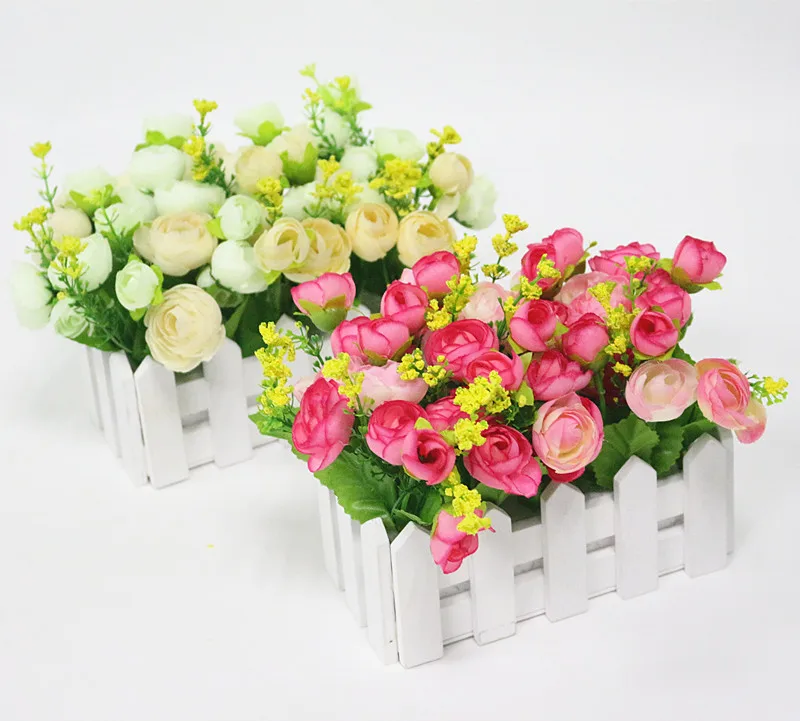  Flone Wedding Decor Artificial Tea Rose Simulation Artificial Flowers Small Potted Plant Fake Rose Set With White Picket Fence (14)