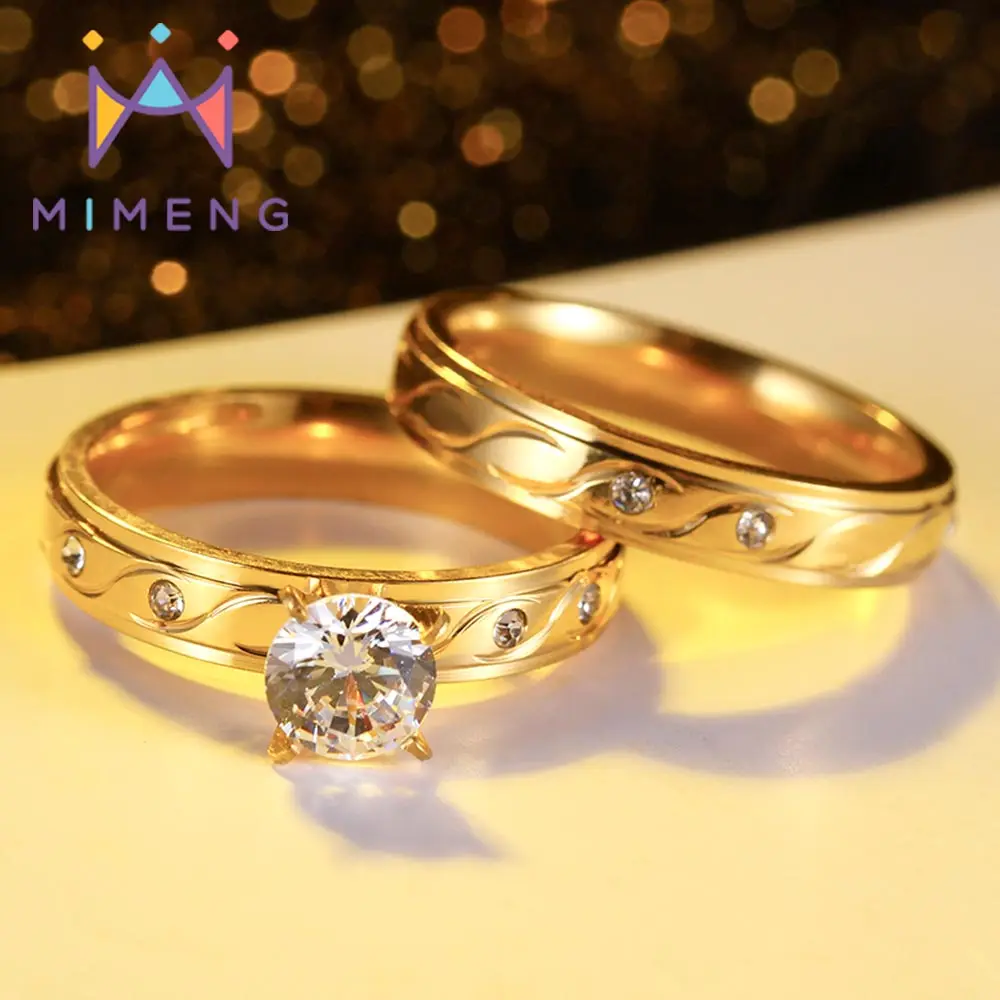 

Large Zircon 18k Gold Plated 316L Stainless Steel Wedding Finger Rings Set Men Women Jewelry