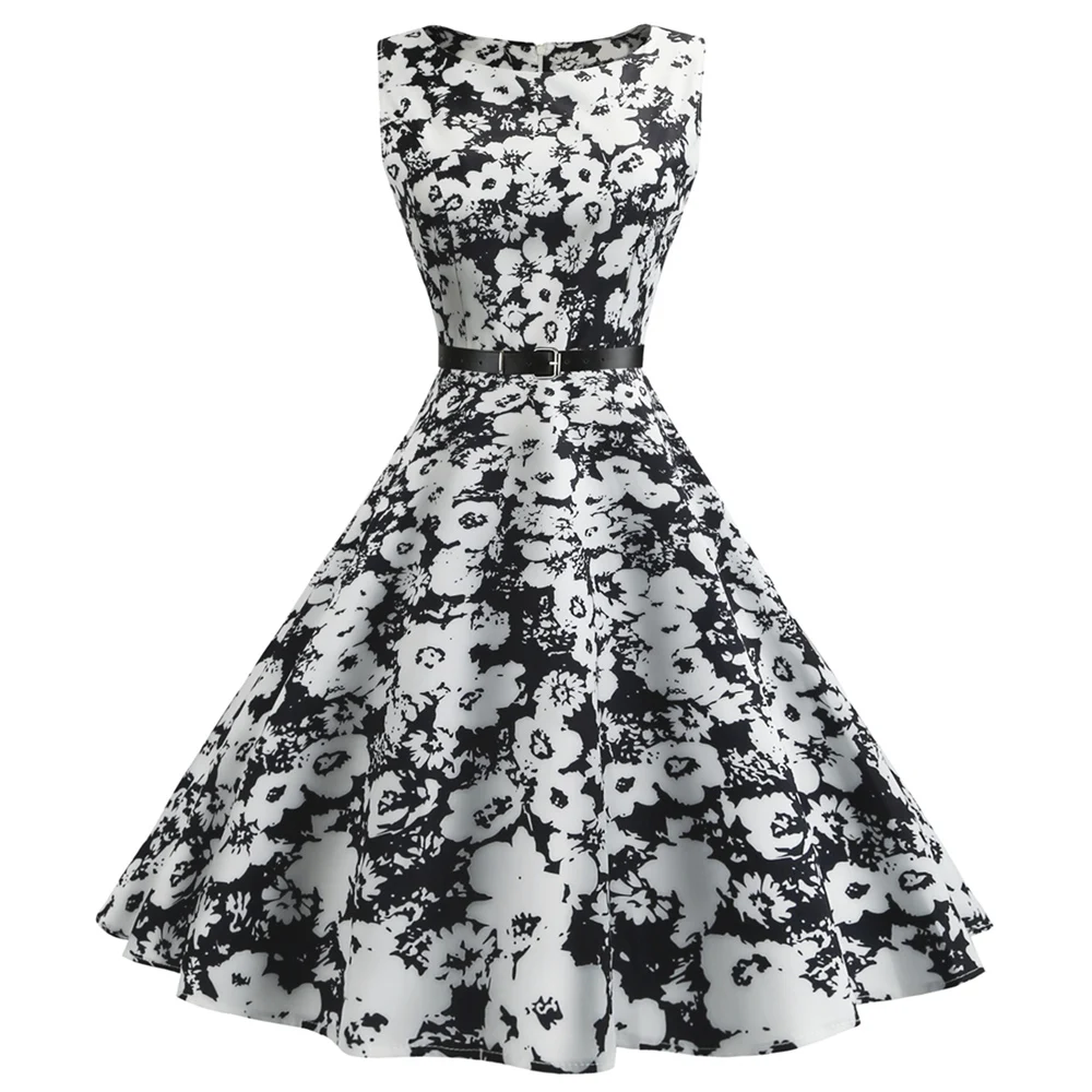 Vintage Sleeveless Floral Fit And Flare Women'S Midi Dress With Belt ...