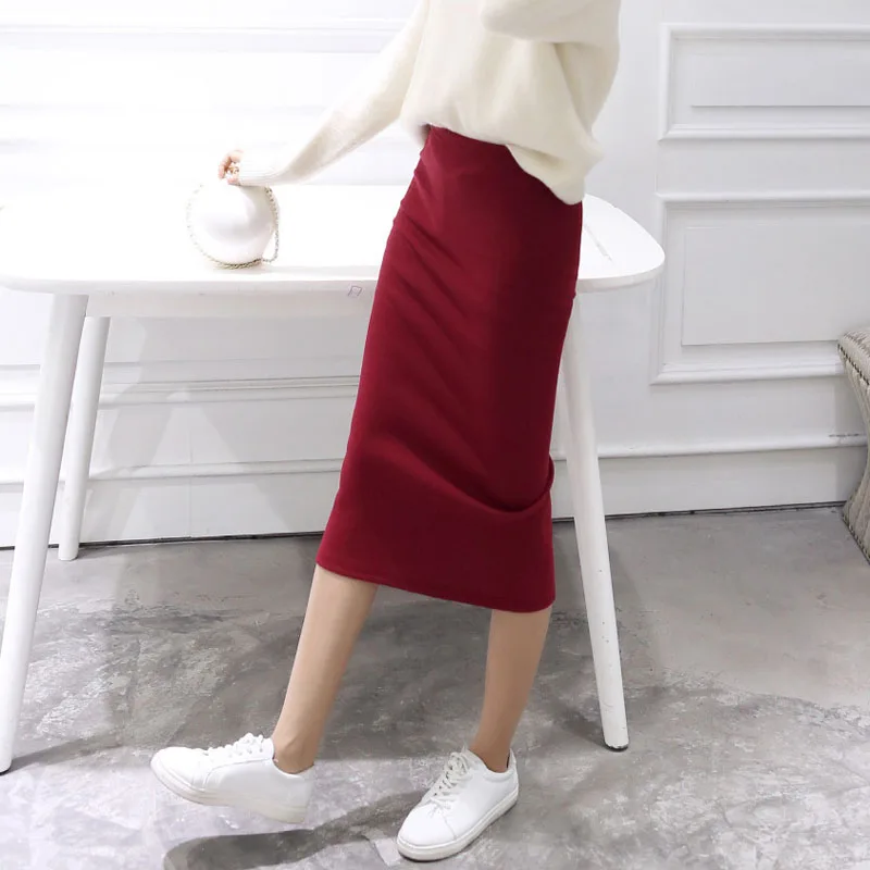 

Women's Knit Skirt Autumn Spring Bodycon Skirt Women's Elastic Split Skirt Medium Long Calfskin Slim Pencil Skirt