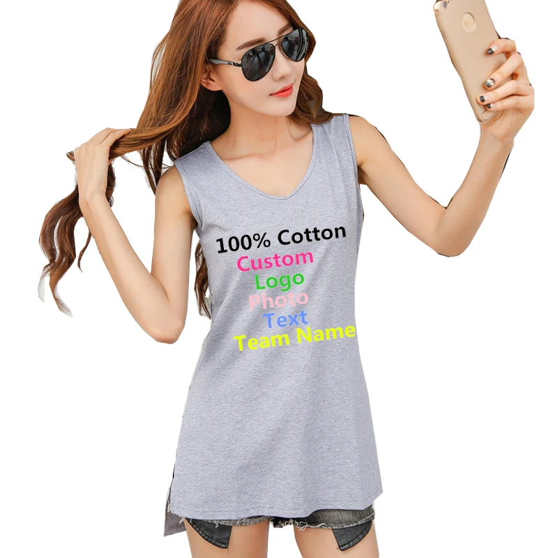 

Hip Hop Split Irregular Female Women Summer Tanks Top Shirt Cotton Custom Logo Photo Text Printed DIY Sleeveless V Neck Tees Top