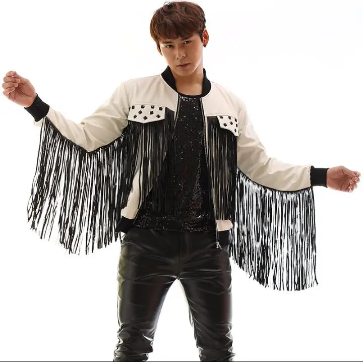 Black white patchwork tassel leather jacket men rivets