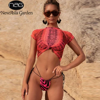 

NewAsia Three Piece Bikini Set 2019 Snake Print See Through Mesh Beach Cover Up Swimwear Push Up Mini Swimming Suit For Women