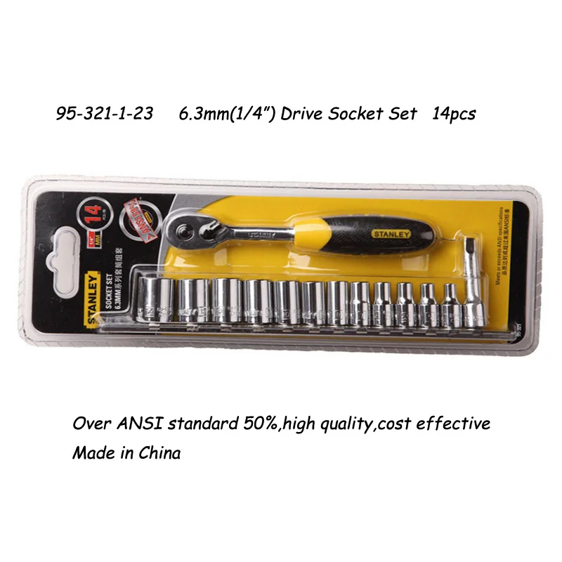 Stanley 14 piece metric 1/4 inch 6-point 6.3mm drive socket set with ratchet and extension bar wrench kit lifetime guarantee