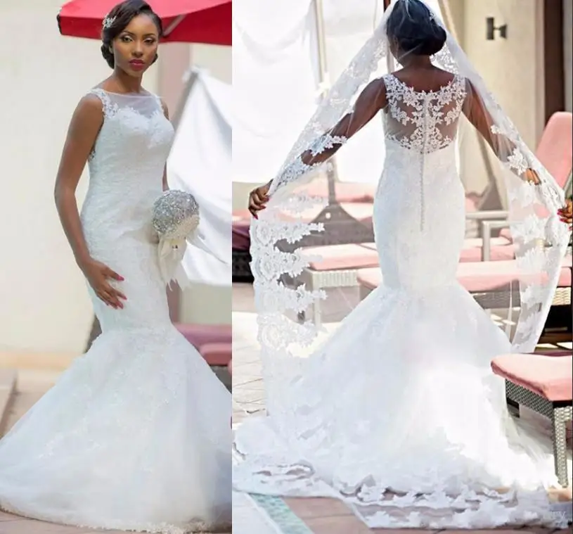 

Elegant Sleeveless Lace Appliques Mermaid Wedding Gowns 2019 Sweep Train robe de mariee Illusion Lace Mermaid Wedding Dresses