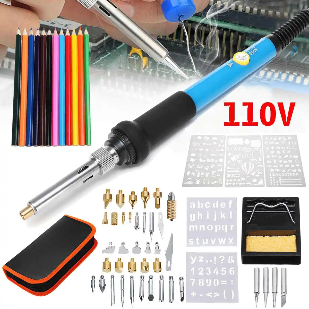 

60PCS Wood Burning Pen Soldering Tips Set Heat Transfer Tools Iron Temperature Control Soldering Iron 110V 60W