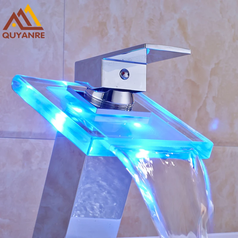 

Free Shipping Polished Chrome Basin Faucets Led RGB Light Changing Hot And Cold Water Tap
