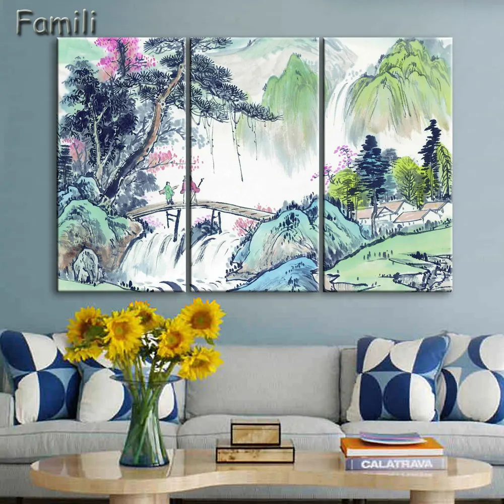 

3 Panel Ancient Chinese Brush Painting Print Canvas Lotus pond Koi Fish Art Picture For Living Room Study Wall Decors No Frame