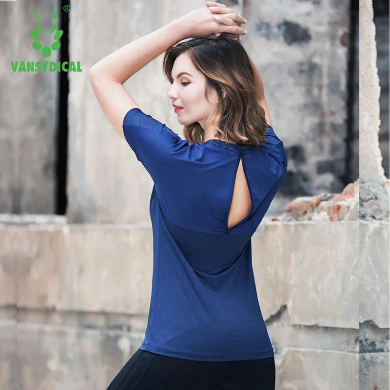 

Vansydical 2018 Women Short Sleeve Running Shirts Sexy Hellow Back Yoga Tees Quick Dry Fitness Workout Sports T-Shirts
