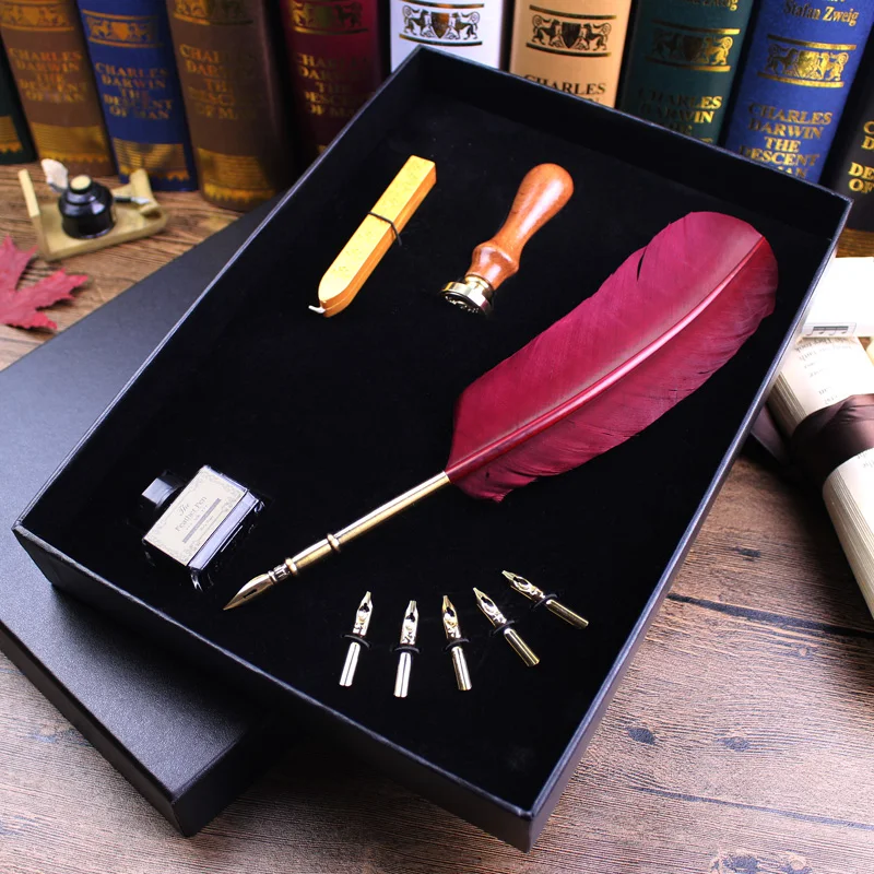 

High quality Retail Box burgandy feather dip pen,23CM feather Fountain pen set with seal stamper and candle,business gift