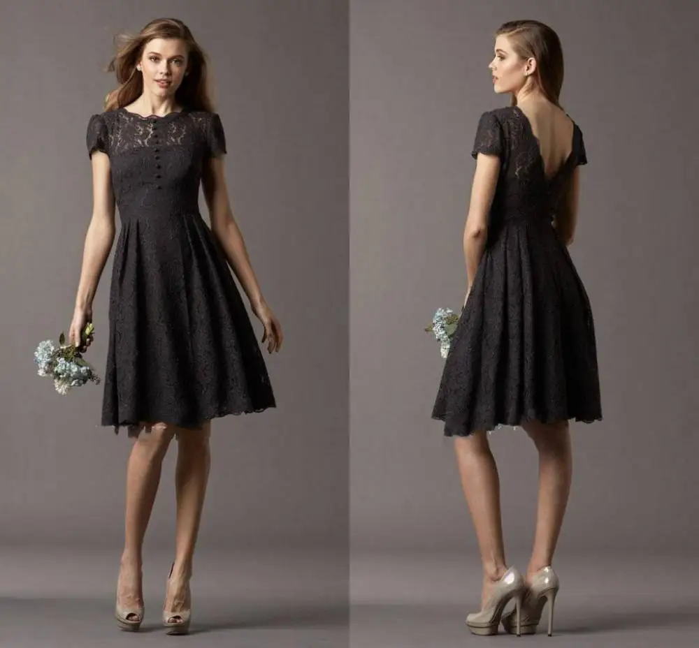 Splendid Short Sleeve Cheap Lace Bridesmaid Dresses Jewel Black Knee Length A Line V Back Sexy Elegant Hot Bridemaids Wed | Свадьбы и