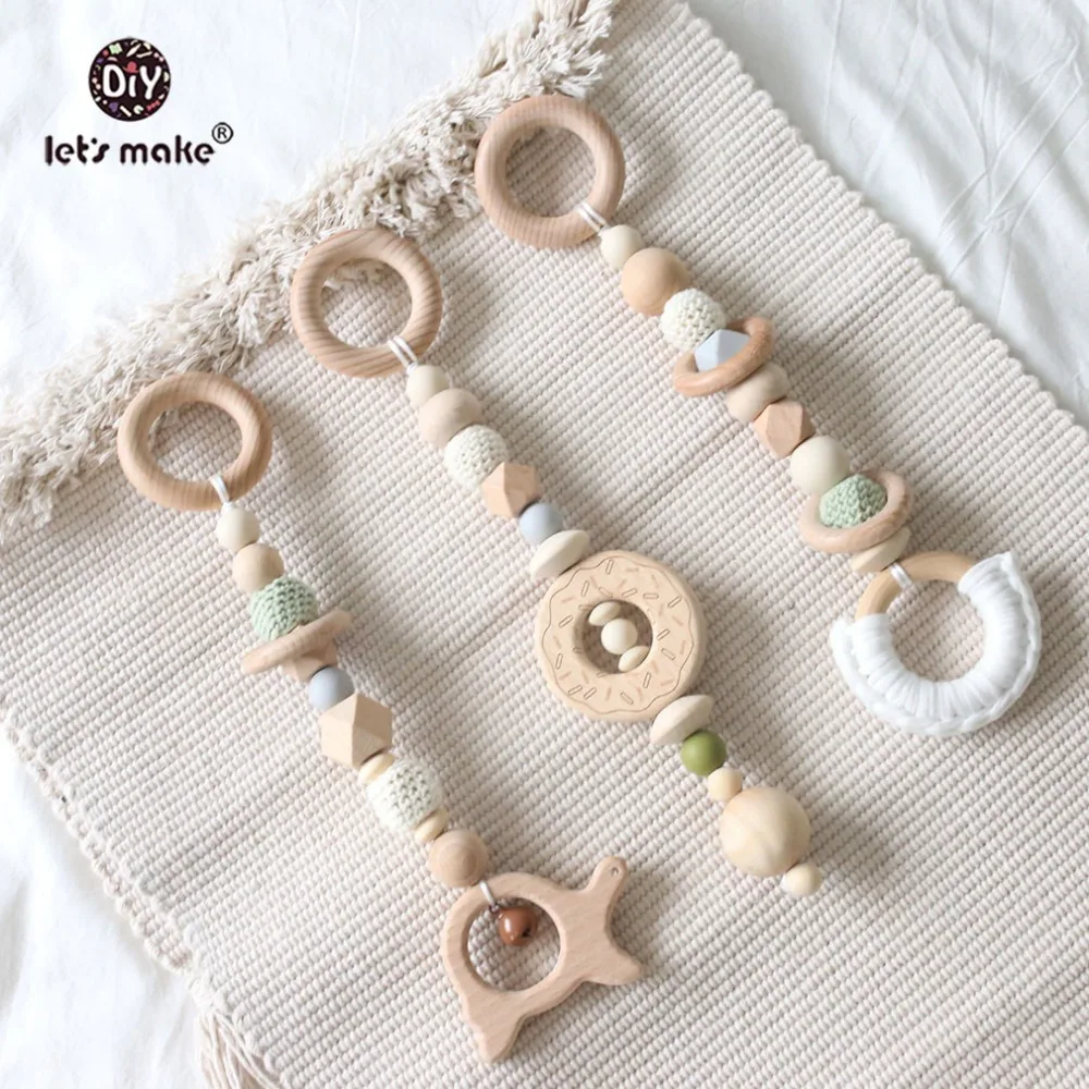 Let's Make 1set Baby Rattle Crochet Animal Wood Ring Food Grade Wooden Teether Teething Toys Play Gym Accessorie Baby Teether