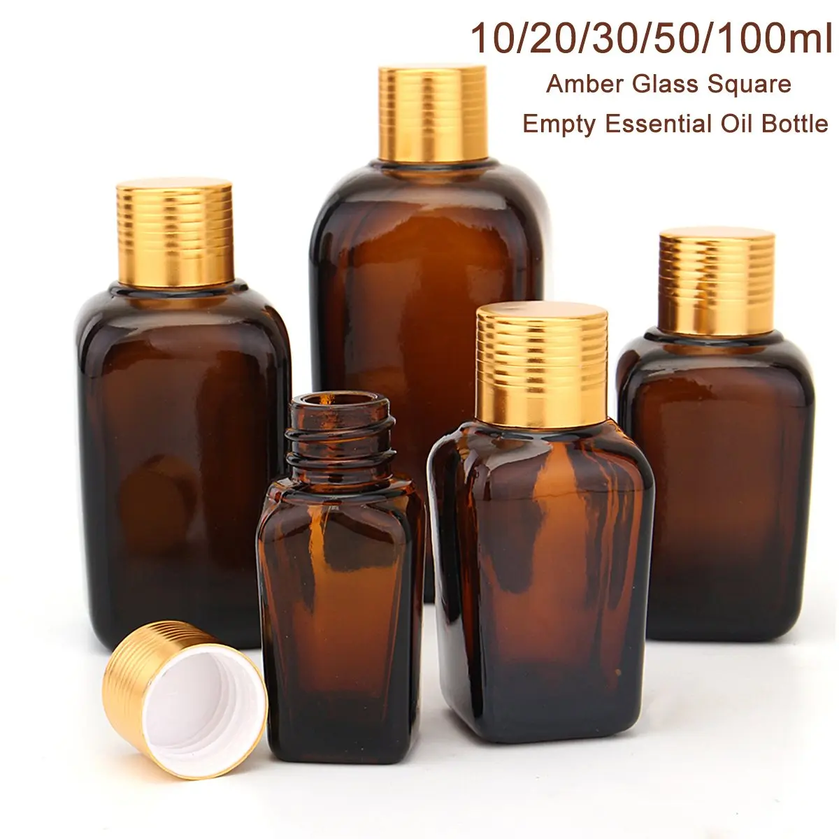 5PCS Square Empty Amber Glass Bottles 10/20/30/50/100ml Essential Oil