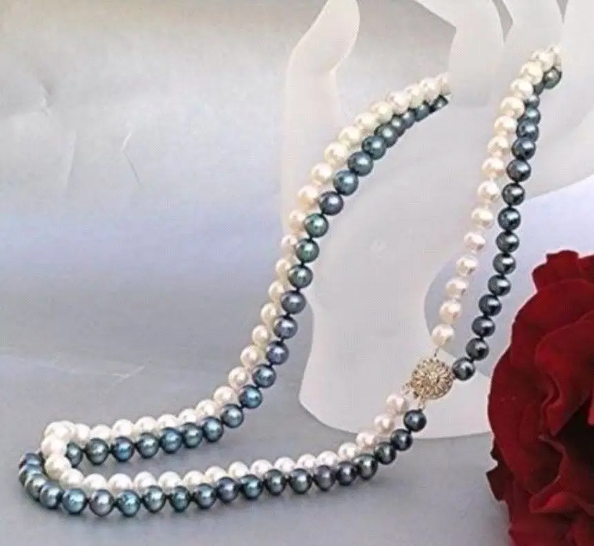 

HOT## Wholesale FREE SHIPPING Charming 2 Row AAA 8-9MM South Sea Black White Pearl Necklace 18 Inch 14K Gold