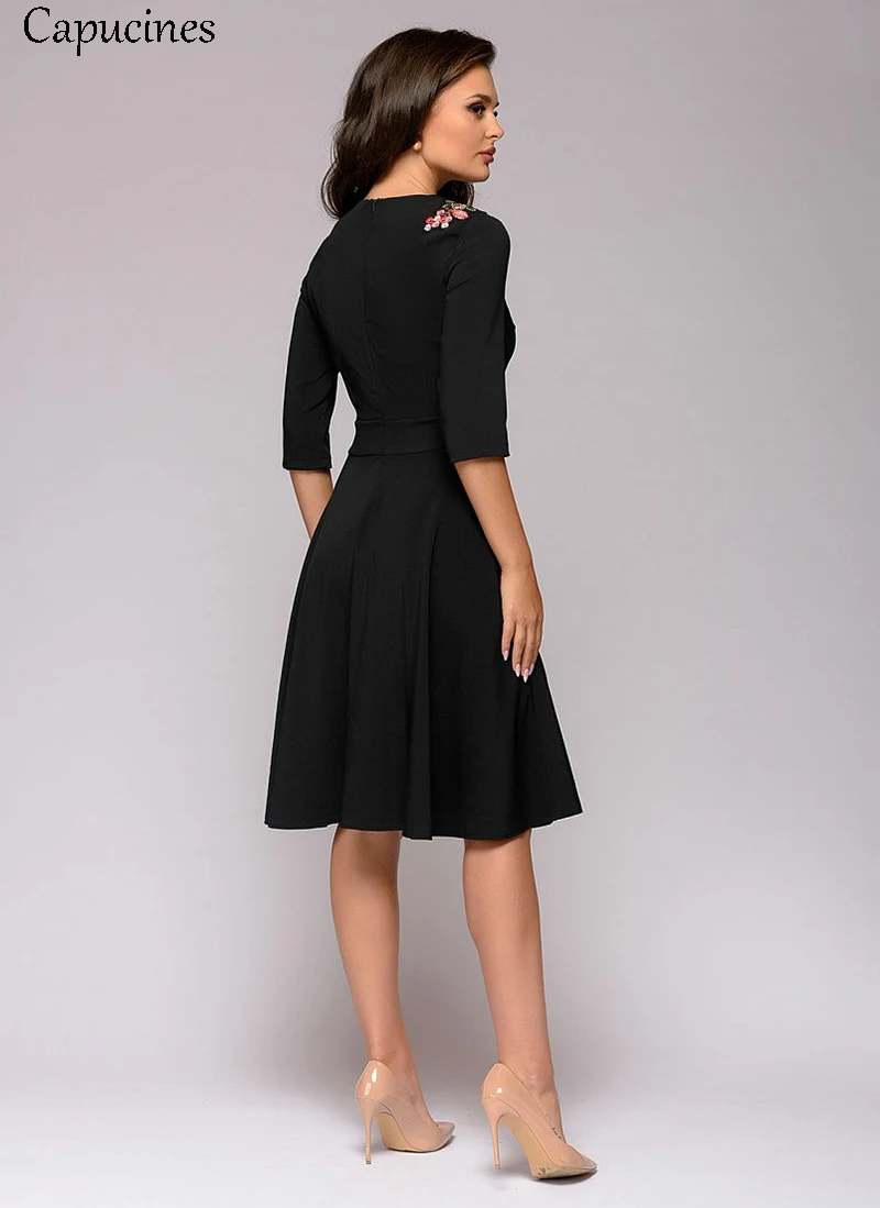 Capucines, женское элегантное черное платье с аппликацией, весна-лето, модное приталенное платье трапециевидной формы с рукавом 3/4, повседневное винтажное платье