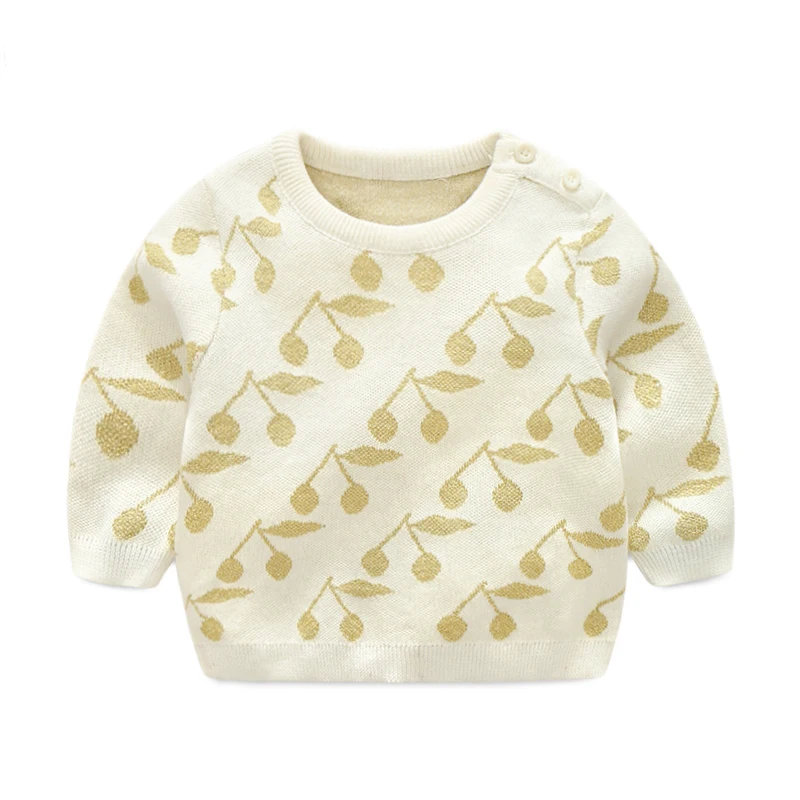 

2019 Spring The New Baby Girl's Beautiful Sweater, Age for 6M-2T, Thin Line Golden Cherry Patterns Knitted Sweater, Very Elegant