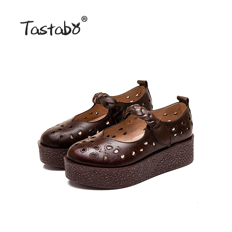 Tastabo Genuine Leather Women's shoes Thick bottom design simple casual style Z1921 Leather comfortable insole Brown Sand 35-40 - Цвет: Brown