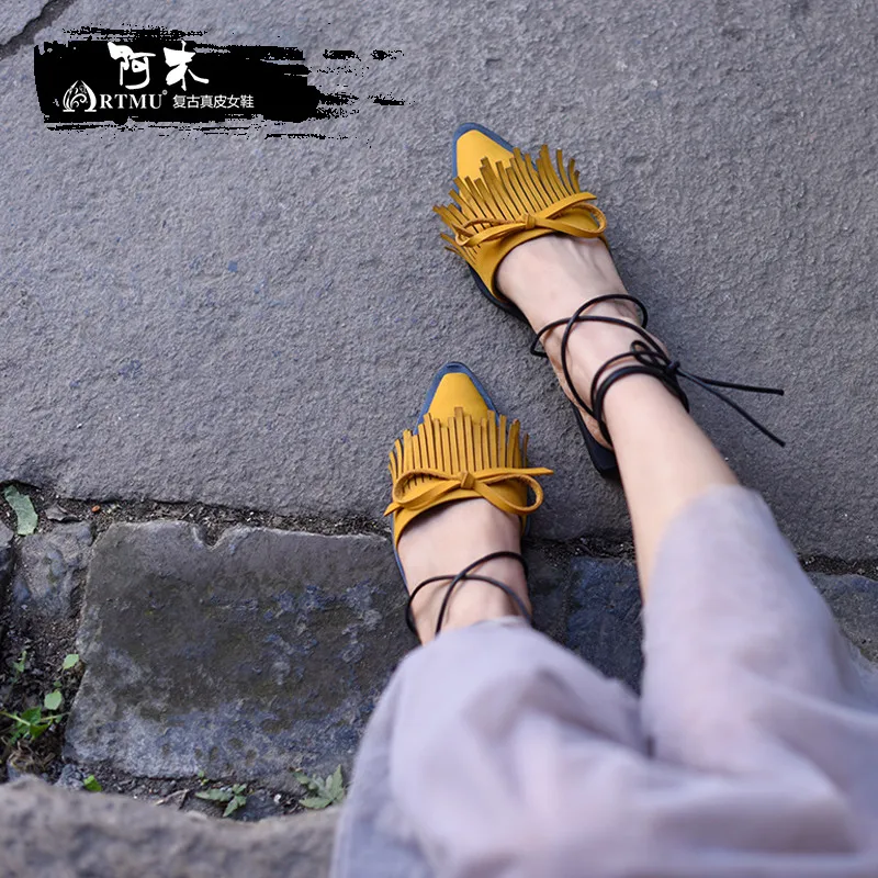

Artmu Original New Fringe Butterfly-knot Sandals Genuine Leather Strap Flat Two Ways to Wear Handmade Slippers 683-5