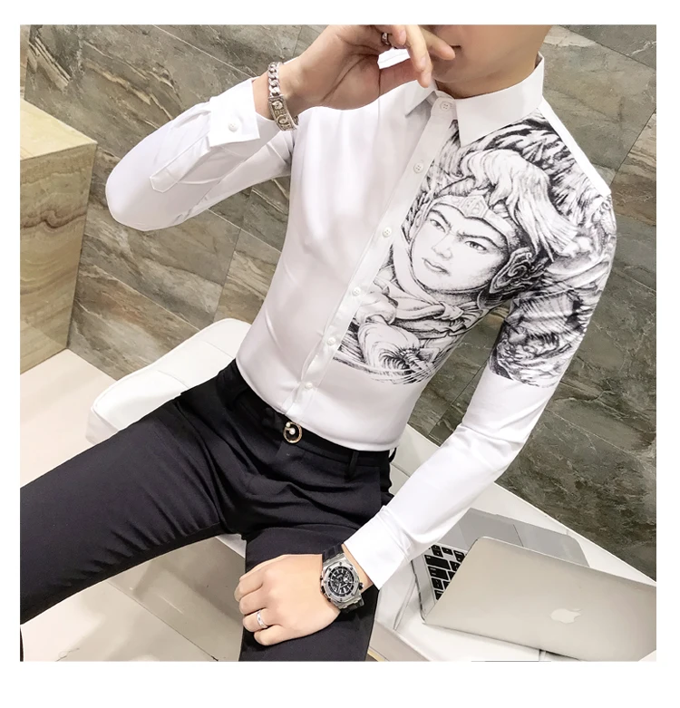Платье рубашка Корейская одежда мужская рубашка camisa social Повседневная приталенная мужская с принтом вечерние рубашки для клуба Camisa Masculina