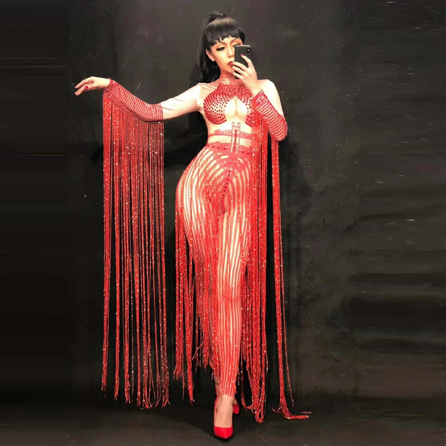 

Red Stage Costume Female Singer Women Jumpsuits Dance Outfit Performances Wear DJ DS JAZZ Bodysuit Sexy Show costumes