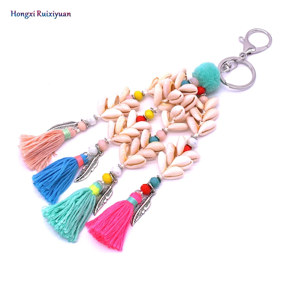 

Keychain bohemian style handmade beaded shell keychain tassel pendant ladies handbag buckle hair ball key chain jewelry gift