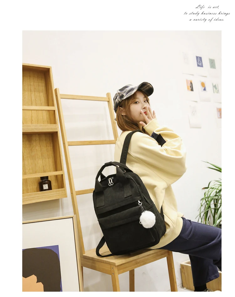 Menghuo New Backpack for Women Fur Ball Solid Color Corduroy Backpack for Girls Spring Winter Velvet Travel Bag Mochila Feminina_33_13