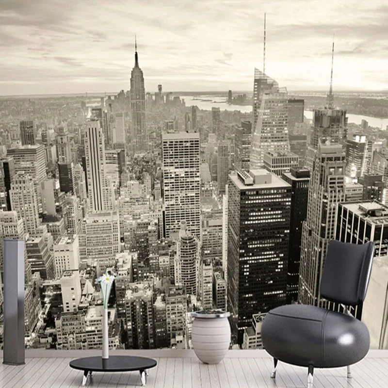 Настенные 3D обои с изображением черно белого города Нью Йорка|landscape wallpaper|mural