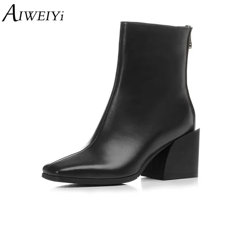 

AIWEIYi Brand Designer Ankle Boots for Women Black White Square Toe Thick High Heels Platform Shoes Autumn Winter Ankle Boots