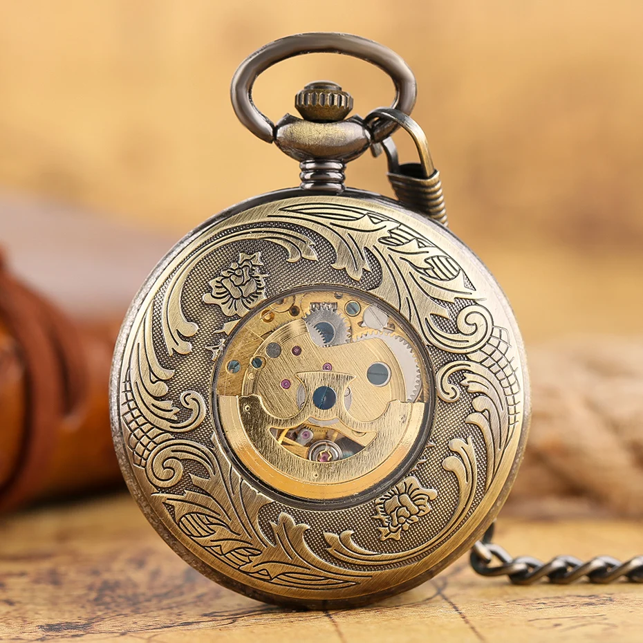 Top Luxury Mechanical Hand Wind Pocket Watch Bronze Carving Phoniex Roman Numbers Fob Hour Men Women Pendant Gift Xmas Birthday  (8)