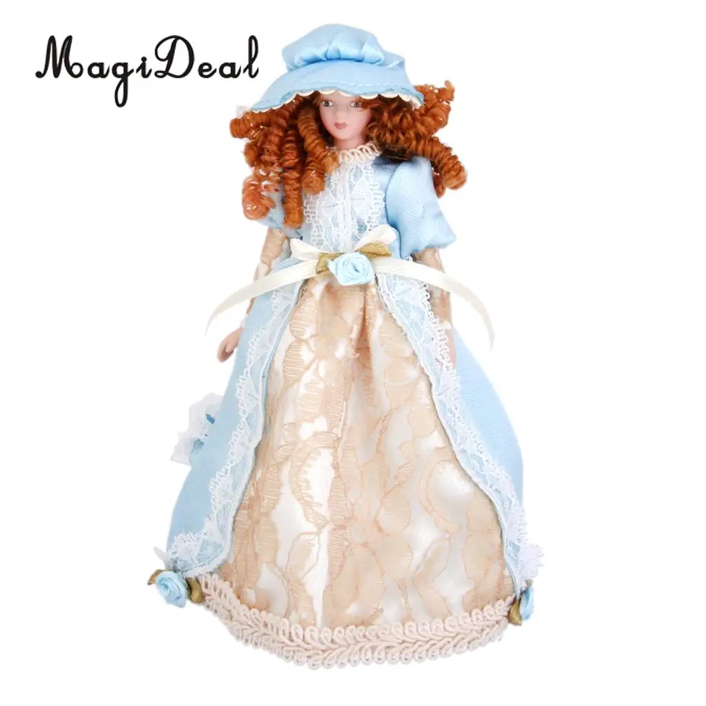 MagiDeal 1Pc 1/12 Dollhouse Miniature Porcelain Dolls Braided Hair Little Servent Girl w Stand for Bedroom Decor Kids Toy 2Kinds