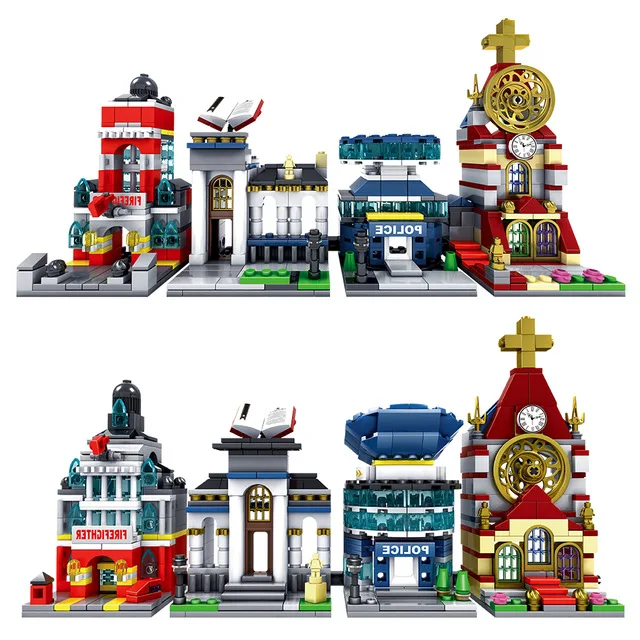 

Legoingly 2 in 1 City Mini Street Scene Library Police Station Cathedral Church Building Blocks Architecture Toys For Children