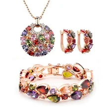 Women Accessories Mona Lisa Gold Color Joyeria Luxury Colorful Zirconia Necklace Earrings Bracelet Set Parure Bijoux