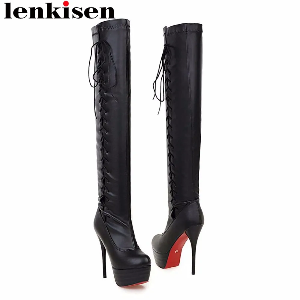 

Lenkisen lace up platform plus size round toe super high thin heels pu black white colors sexy women over-the-knee boots L50