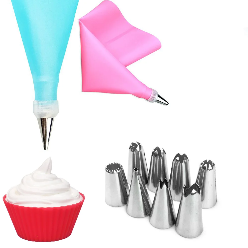 

10PC/Set Silicone Kitchen Accessories Icing Piping Cream Pink Pastry Bag +8 Stainless Steel Nozzle Tips Cake Decorating Tools