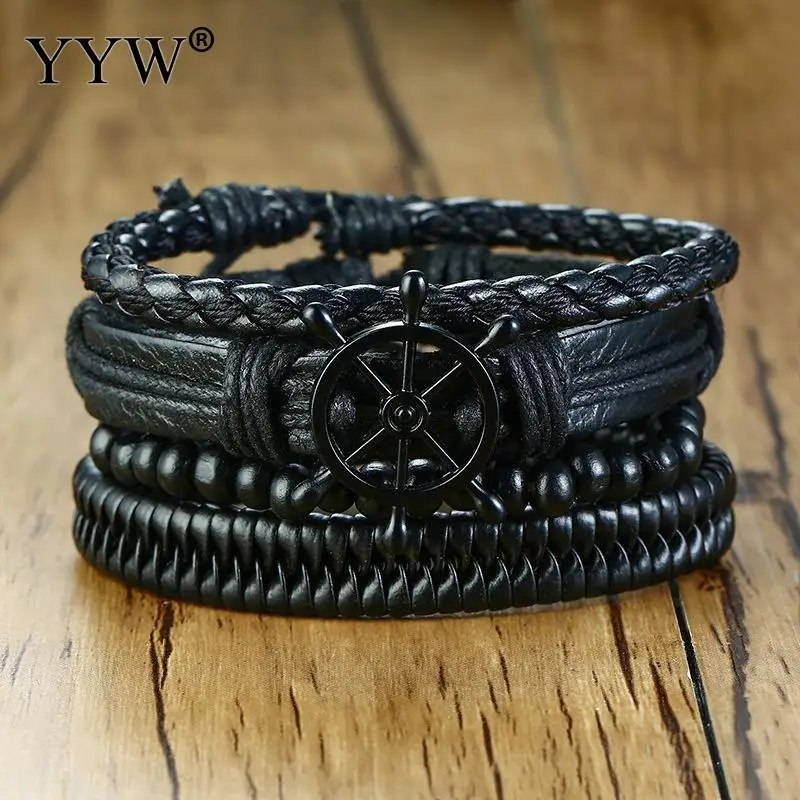 

Vintage Rope Braided Multilayer Leather Bracelet Wood Beaded Vessel Rudder Punk Casul Male Wristbands Adjustable Length