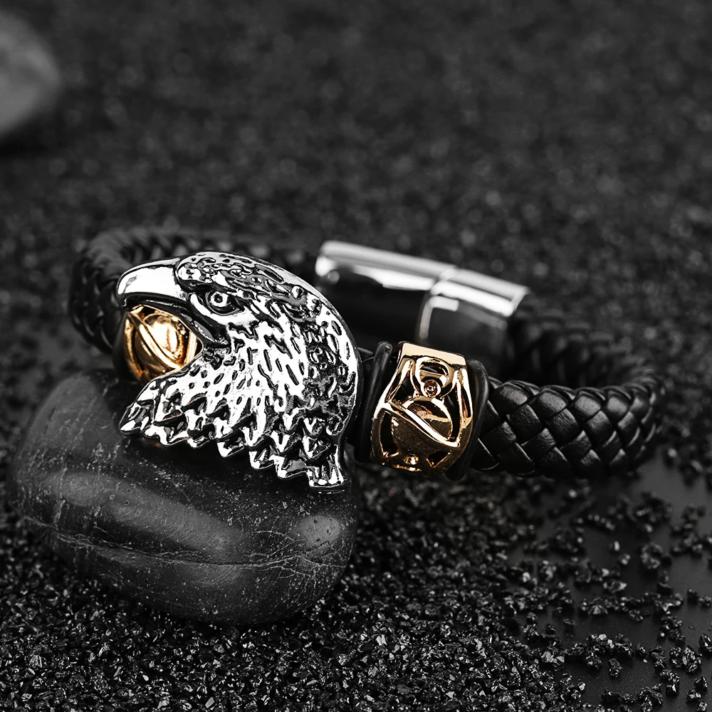 Lion Skull Eagle Punk Woven Bracelets Men Hot Sale Charm Bracelet Male Steampunk Skeleton Bangle Chain Black Leather Bangles (32)