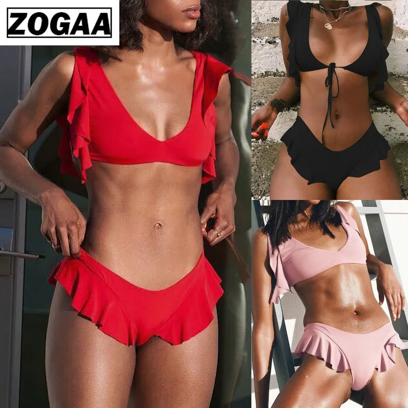 

ZOGGA Solid Color Skirt Hem Design Bikini Sets Sexy Low Waist Women's sets Wire Free Soft Polyester+spandex Fabric Bikinis