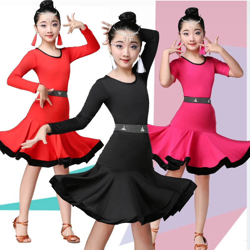 

Latin Dance Dress for Girls Long Short Sleeve Practice Dance Latin Skirt Ballroom Performance Clothes Latin Practice Skirt