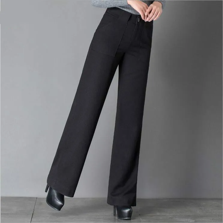 Зима-осень, модные повседневные плотные теплые Широкие штаны размера плюс с высокой талией для женщин и девочек, брюки, одежда 79033 - Цвет: Черный