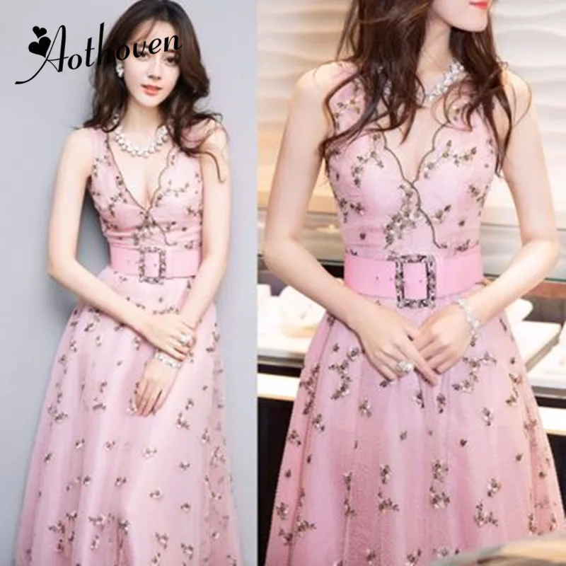 

Spring Maxi Embroidery A Line Dress Women Sleeveless V Neck Pink Bandage Dress Office Lady Vestidos Elegant Sexy Party Dresses