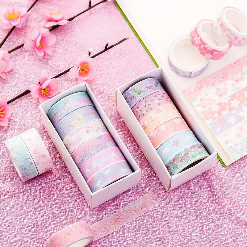 

6 Pcs/box Creative Small Fresh Cherry Blossoms Glitter Tape Student DIY Decorative Adhesive Tape Stationery Kawaii Masking Tapes