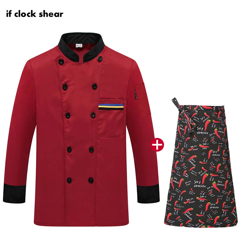 

IF Restaurant Hotel Kitchen Chef Workwear uniforms Long Sleeved catering red cooking Jacket + Apron chef uniforms men and women